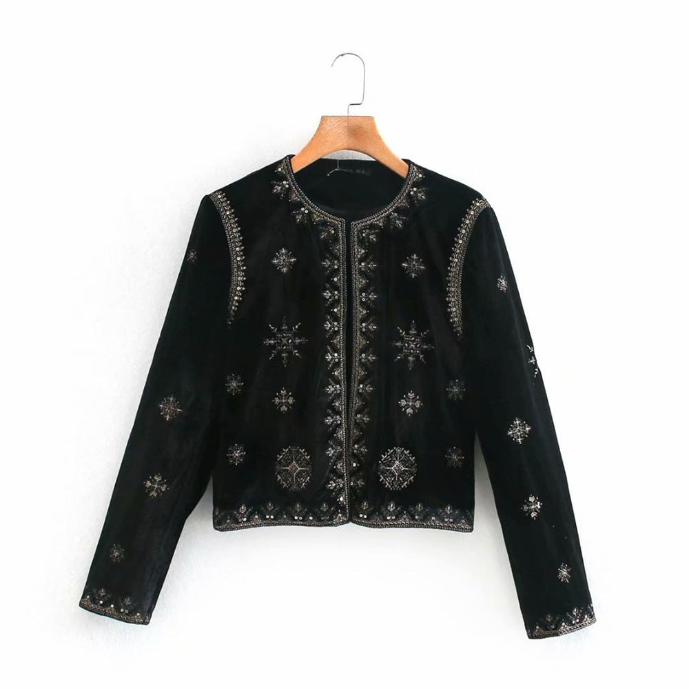 Women's Autumn Printed Black Round Neck Retro Coats