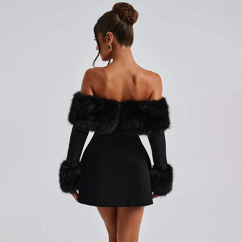 Women's Fur Collar Sexy Long Sleeve Slim Fit Slimming Dress