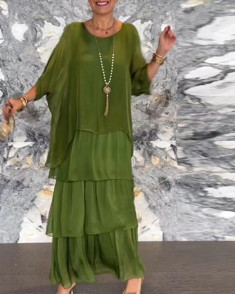 Fashion Chiffon Mesh Batwing Sleeve Long Dresses