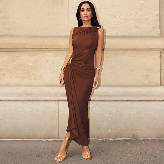 Women's Fashion Solid Color Round Neck Metal Decorative Twist Sleeveless Slim Dress