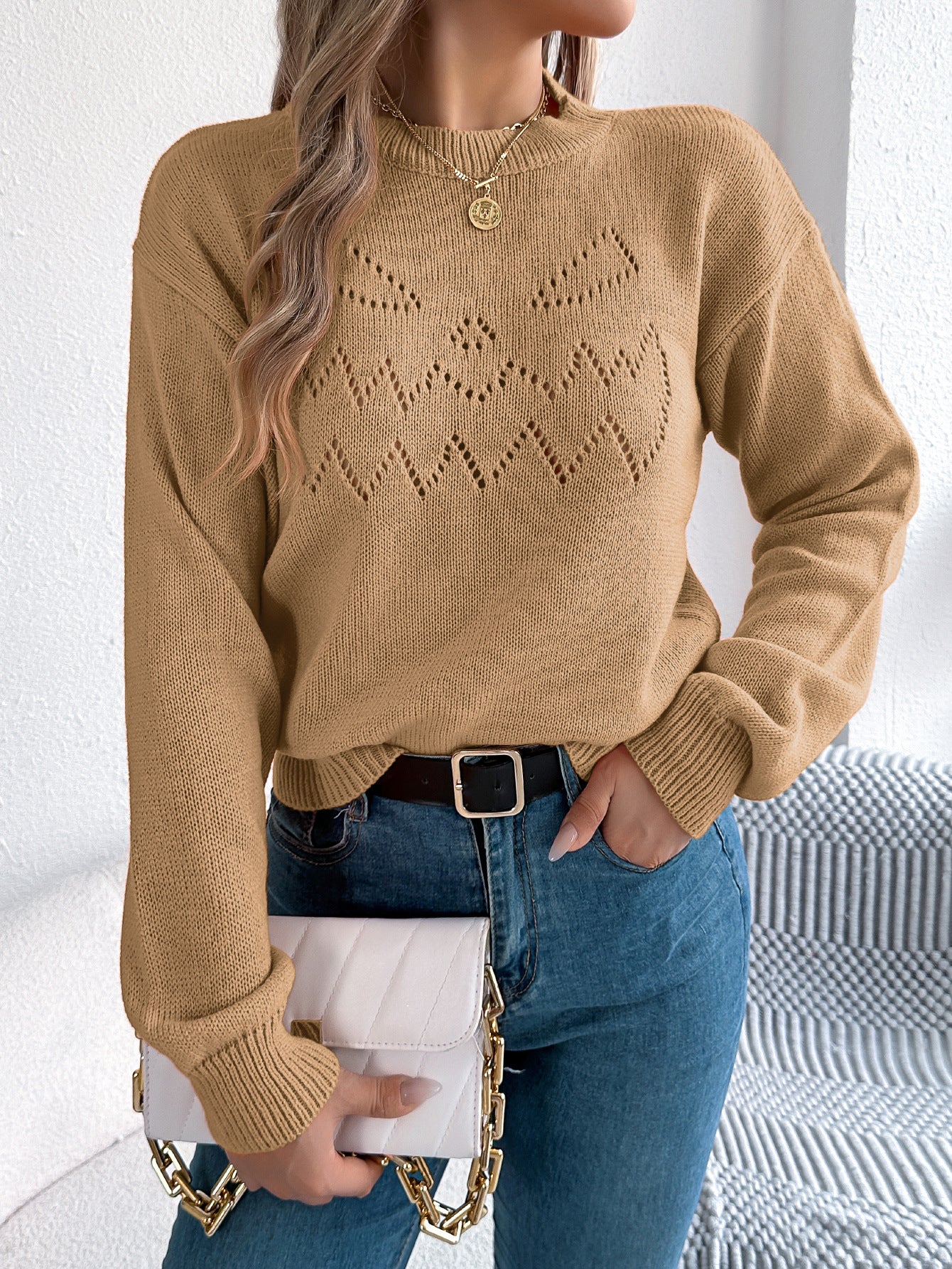 Women's Solid Color Lantern Long Sleeve Pullover Sweater