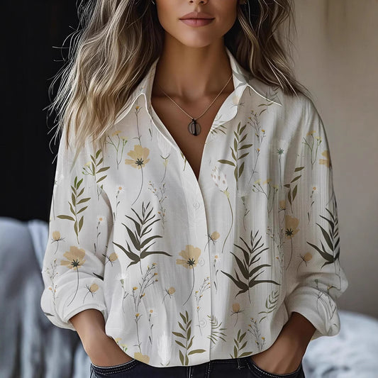 Printed Long-sleeved Shirt Imitation Cotton Linen Blouses