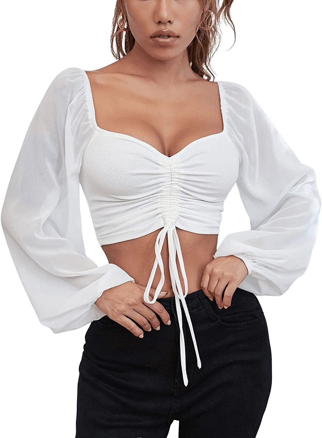 Women's Sexy Stitching Chiffon Drawstring Lantern Sleeve Tops
