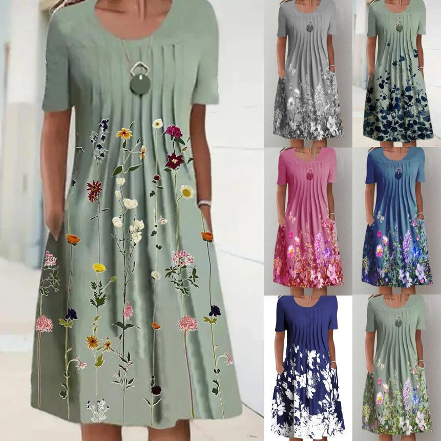 Women's Floral Print Round Neck Pullover Mid-length Dress