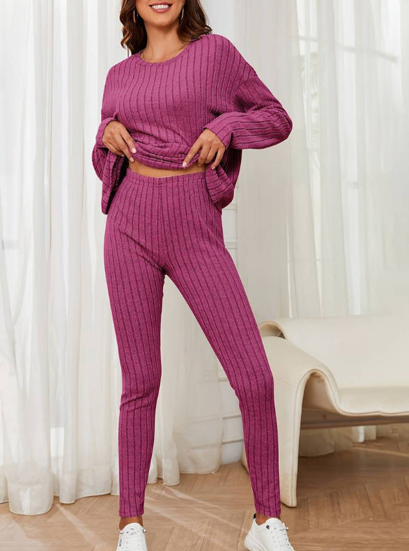 Women's Style Loose Round Neck Sunken Stripe Suits