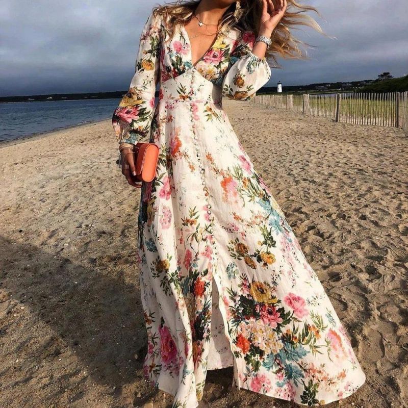 Floral Print Deep Long Sleeve Big Dresses