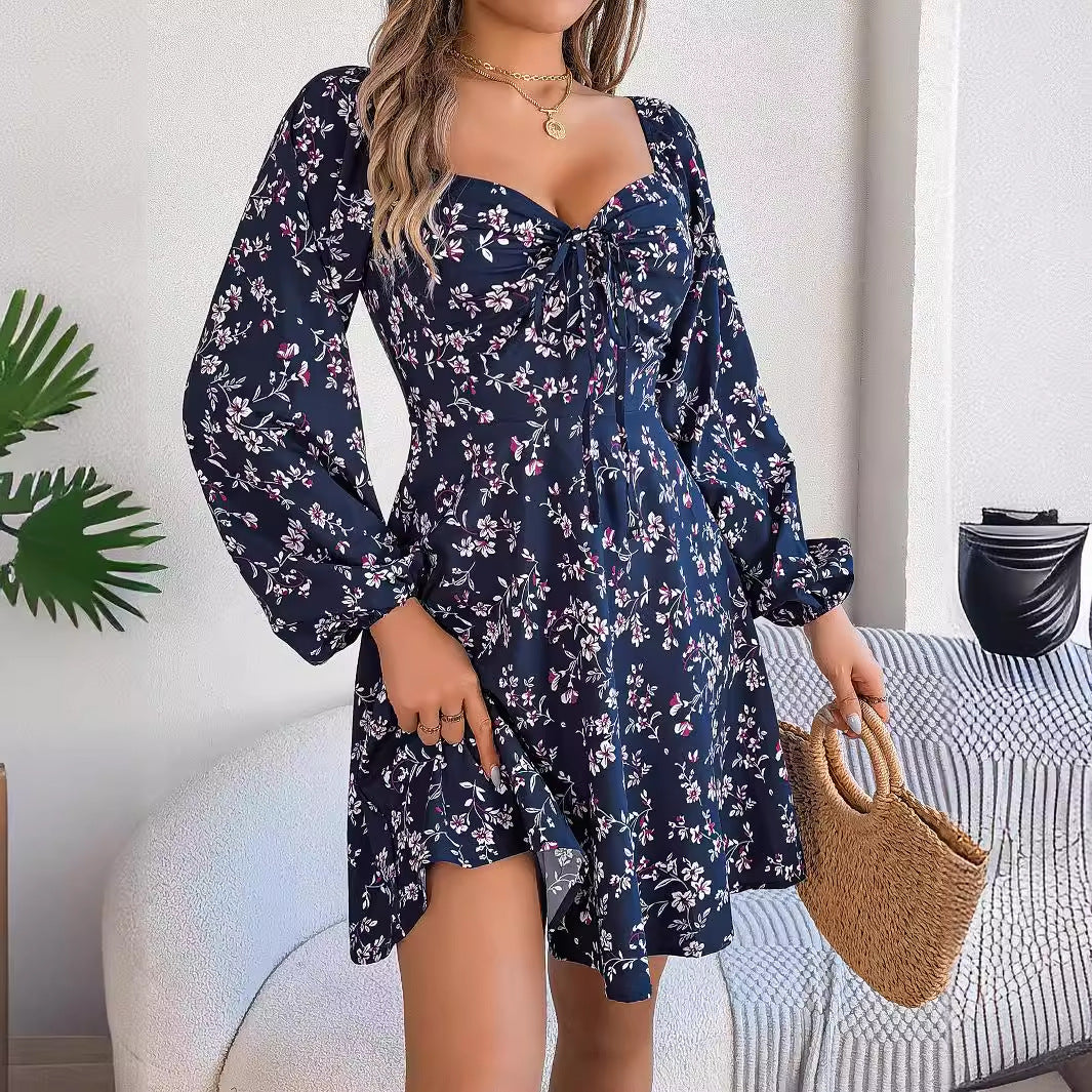 Women's Sexy Lacing Square Collar Floral Print Long Dress