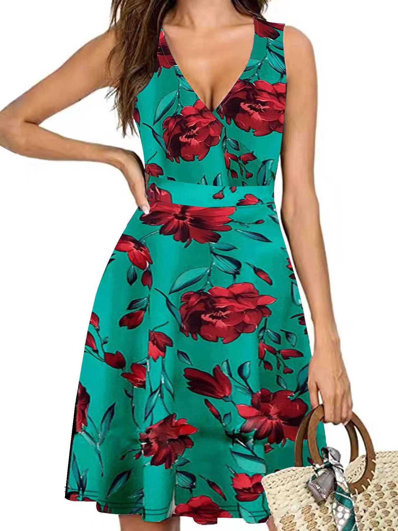 Graceful Comfortable Elegant Sleeveless Printed Pocket Dress