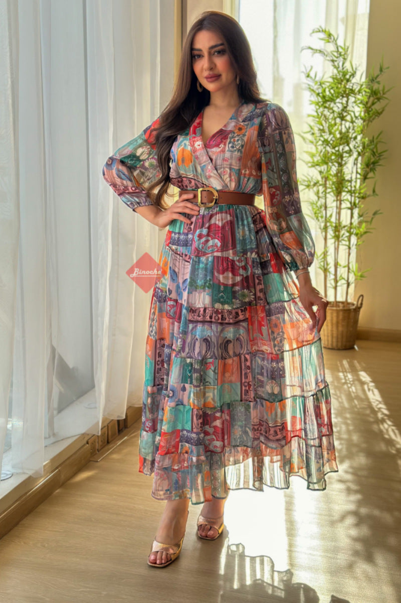 Women's Sexy Chiffon Printed Large Swing Belt Evening Dresses