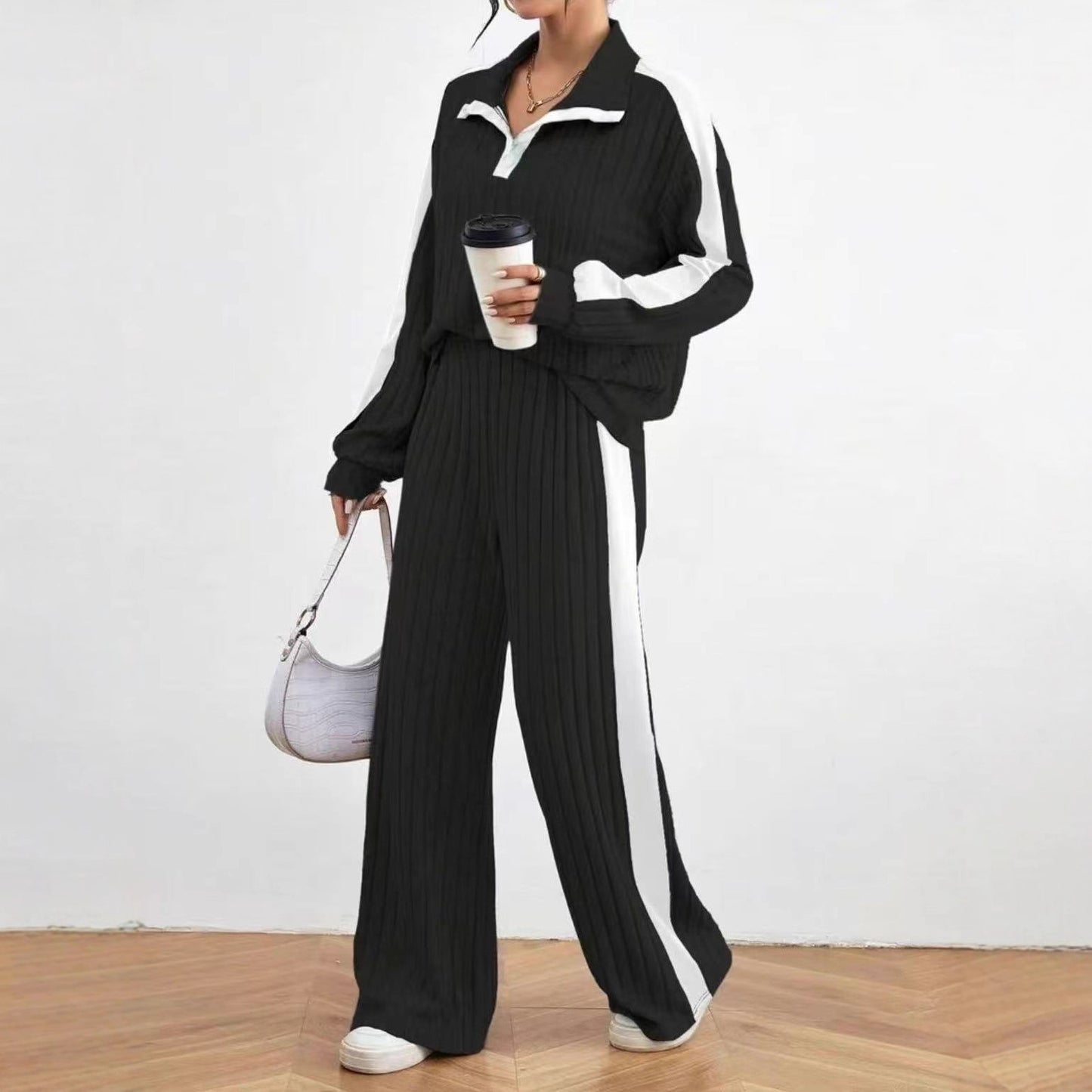 Women's Simple Sports Style Color Contrast Patchwork Lapel Zipper Fashion Casual Suit