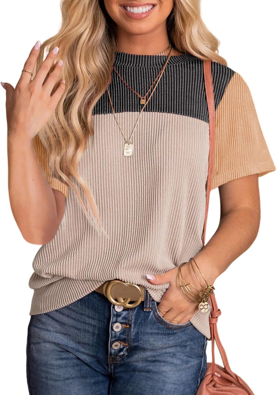 Women's Summer Stitching Stripe Short-sleeved T-shirt Pullover Blouses