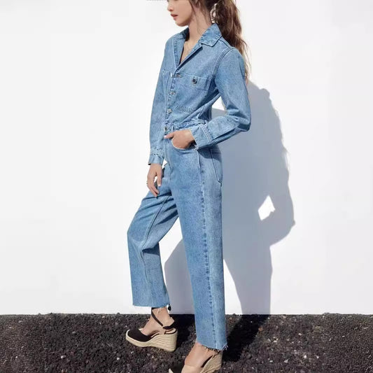 Women's Collar Pocket Decorative Waist Denim Trousers Pants