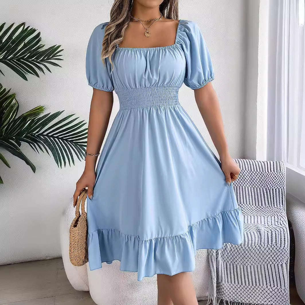 Women's Casual Square Collar Sleeve Waist Trimming Ruffles A- Dress