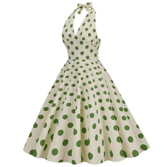 Women's High Waist Polka-dot Vacation Banquet Halter Backless Sexy Swing Dress