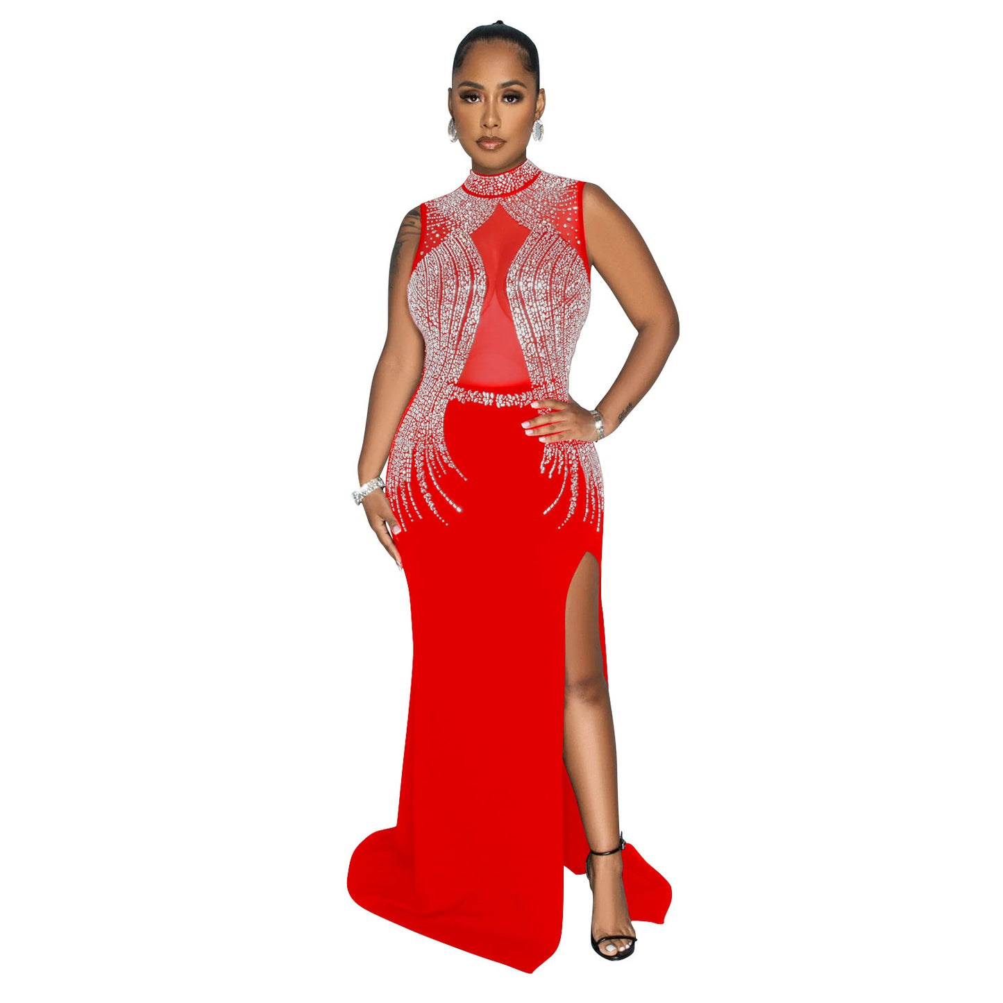 Women's Wear Pure Color Mesh Hot Drilling Split Dresses