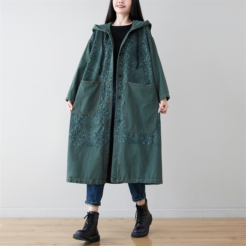 Women's Hooded Diamond Flower Long Denim Single-breasted Coats