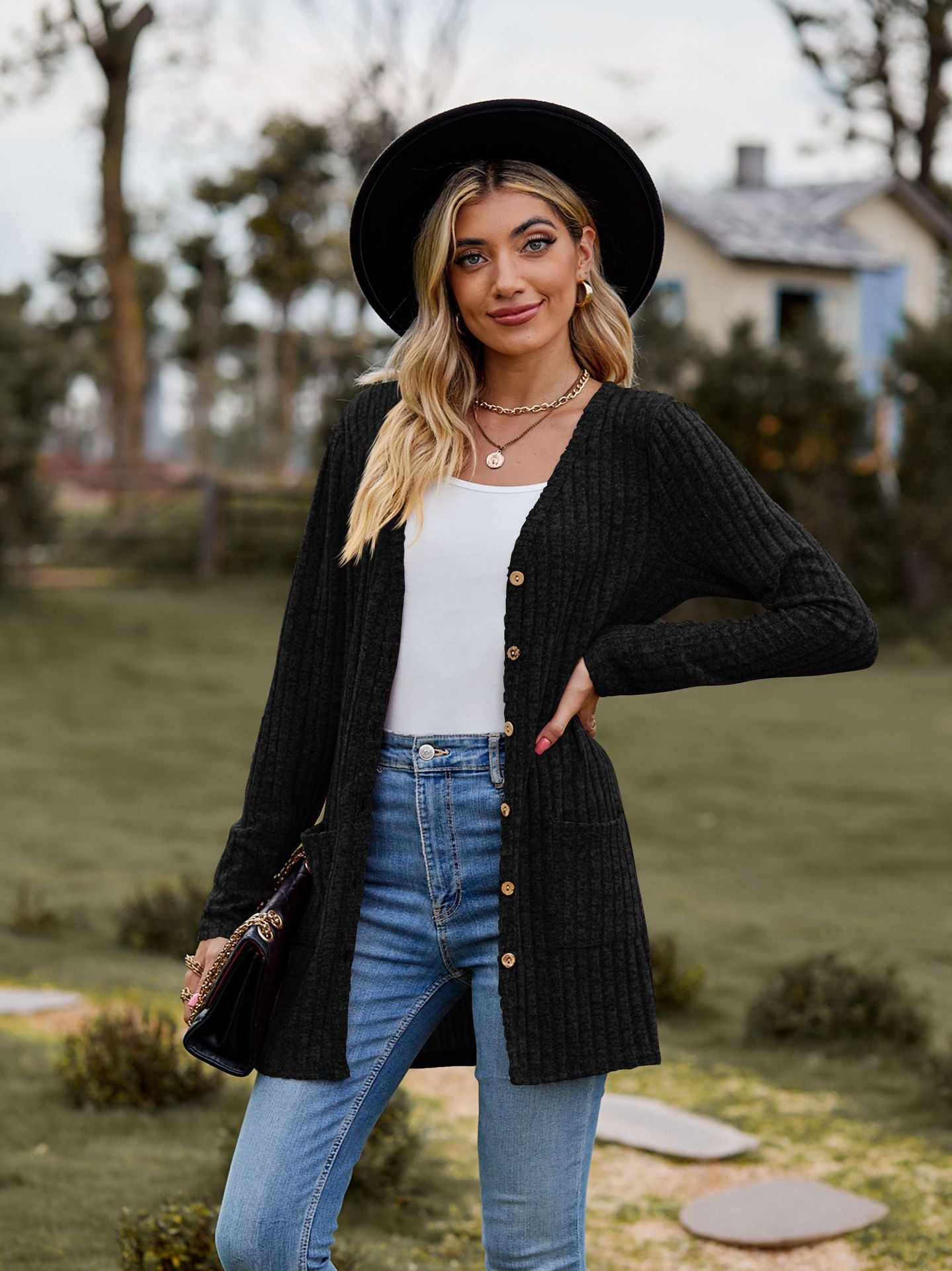 Women's Long Sleeve Knitted Brushed Sunken Stripe Texture Versatile Tops