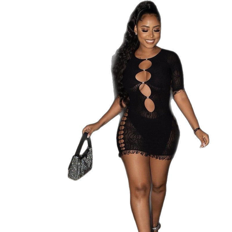 Women's Summer Short-sleeved Hollow Pattern Fashion Sexy Dress