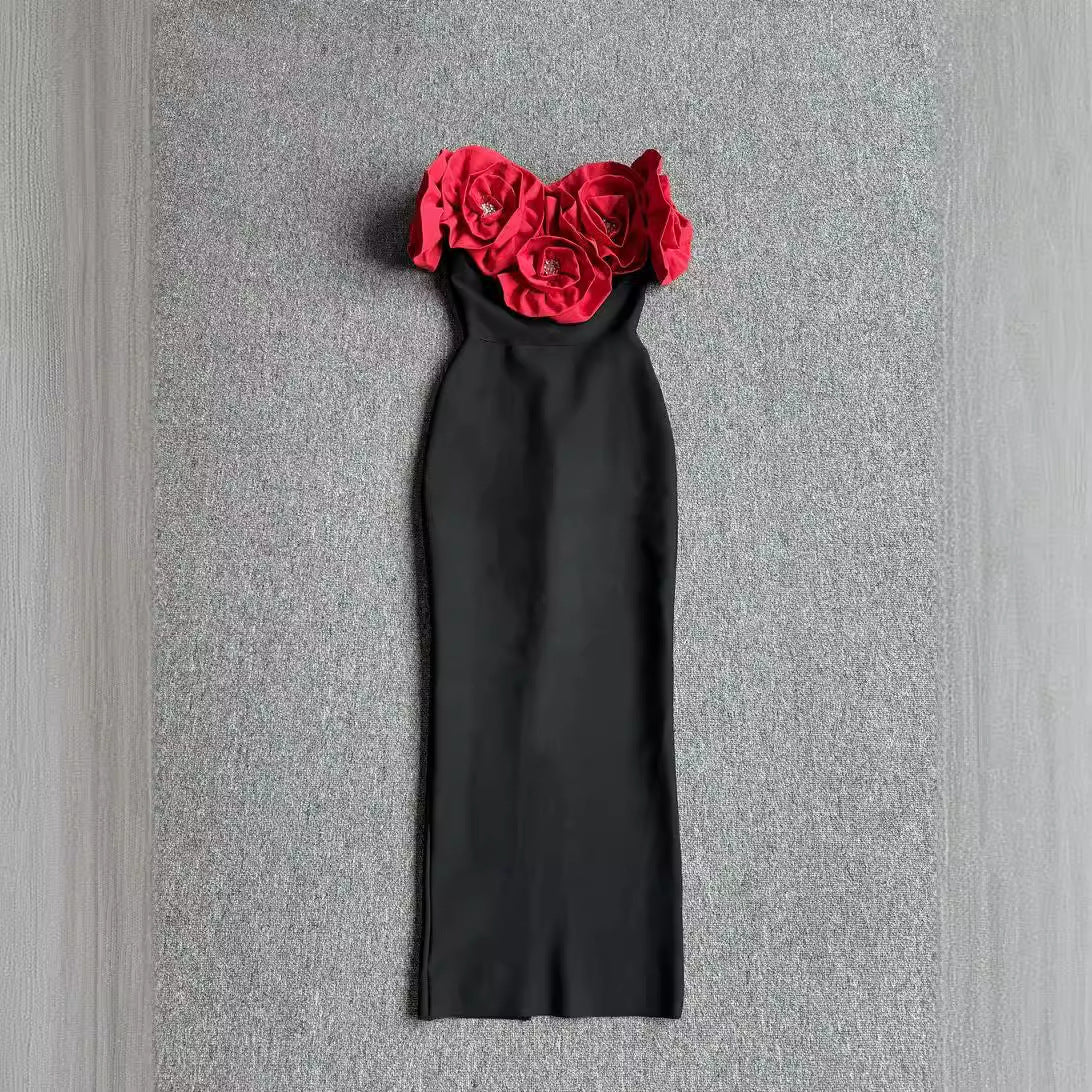 Women's Fashion Large Flower Slim Tube Sleeveless Tight Casual Dresses