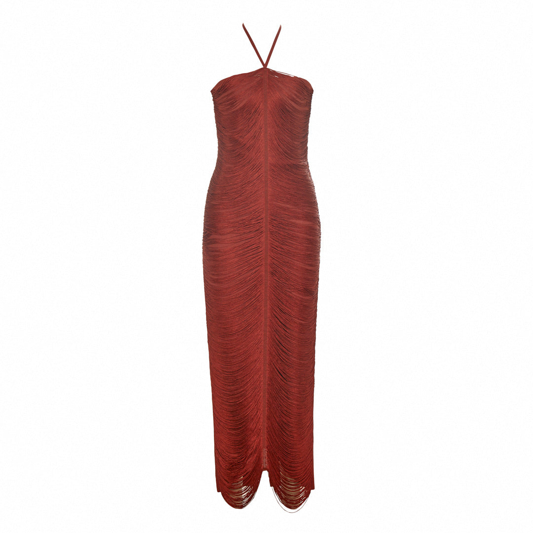 Women's Sleeveless Halter Tassel Long Summer Banquet Dress