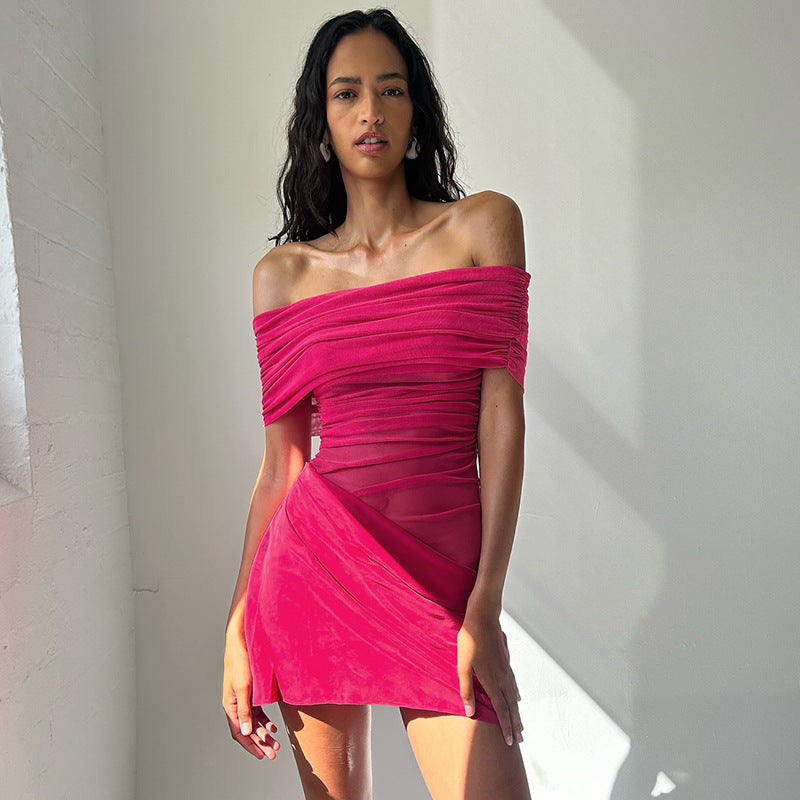 Women's Mesh Stitching Midriff Pleated Dress Dresses