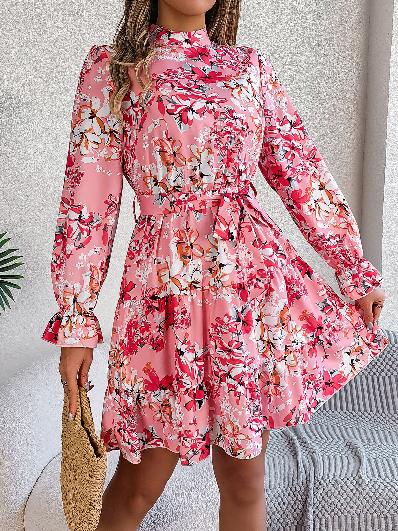 Women's Clearance Elegant Stand Collar Flower Long Sleeves Ruffled A- Dress