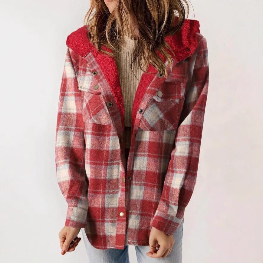 Women's Plaid Long Sleeve Furry Hooded With Coats