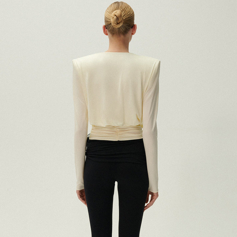 Women's Swing Collar Padded Shoulder Pleating Slim Slimming Blouses