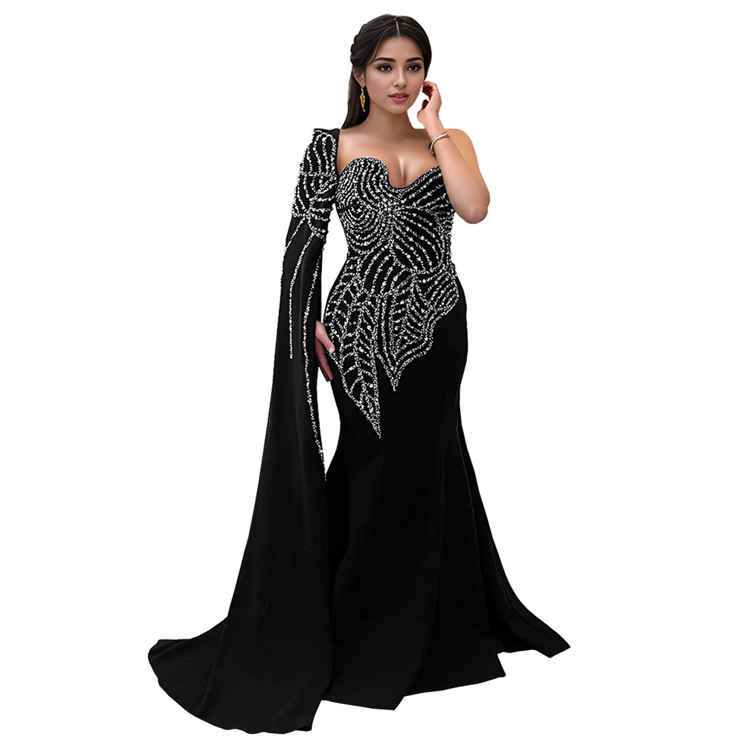 Women's Rhinestone Long Dress Black Mermaid Shawl Dresses