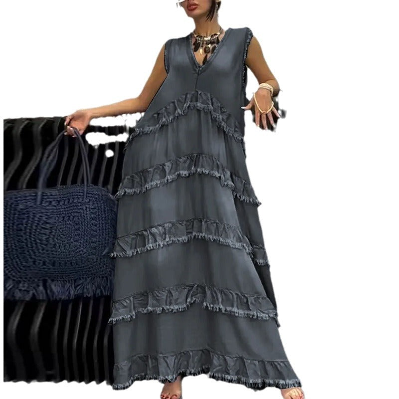 Women's Summer Solid Color Fashion Edging Stitching Dresses