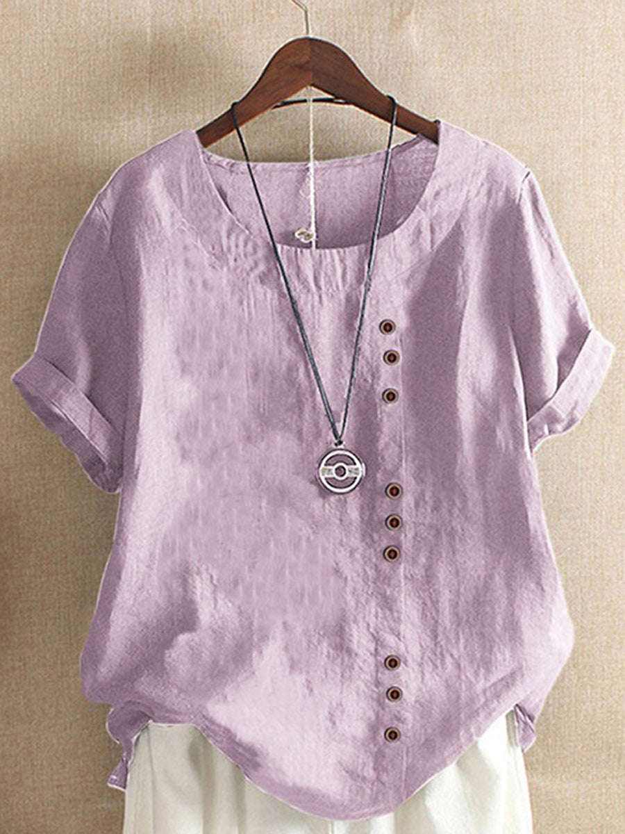 Women's Button Sleeve Casual Holiday Round Neck Regular Cotton Blouses