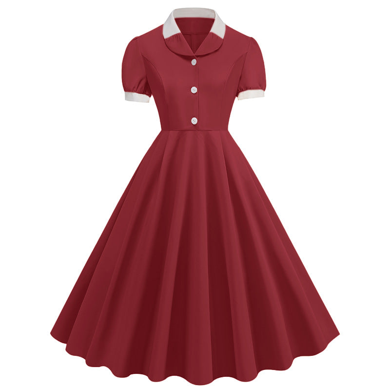 Patchwork Waist Trimming Short-sleeved Retro Hepburn Dresses