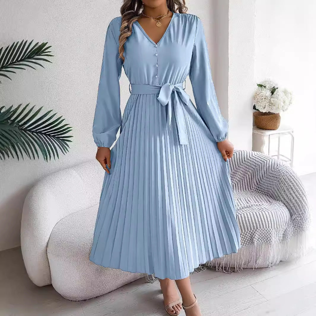 Women's Elegant Button Large Hem Pleated Maxi Clothing