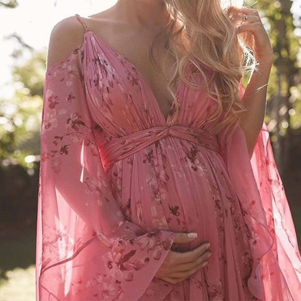 Women's Floral Pink Long Dress Pregnant Large Dresses