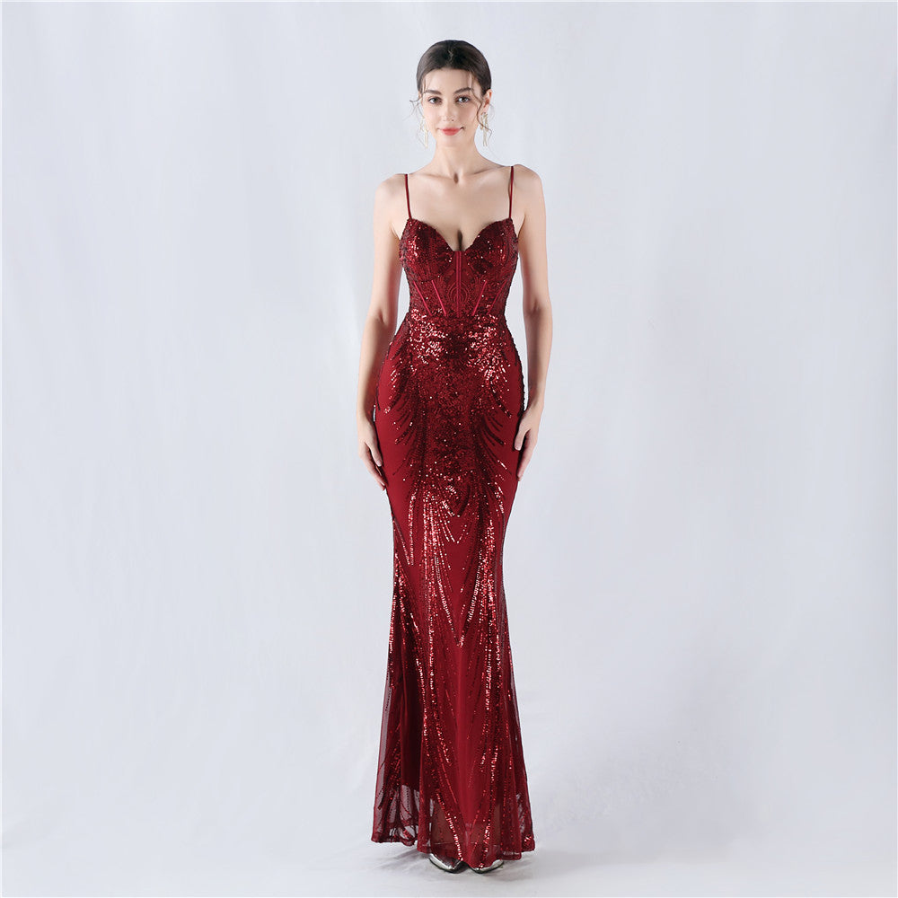 Shaping Waist Fishbone Sequined Positioning Flower Evening Dresses