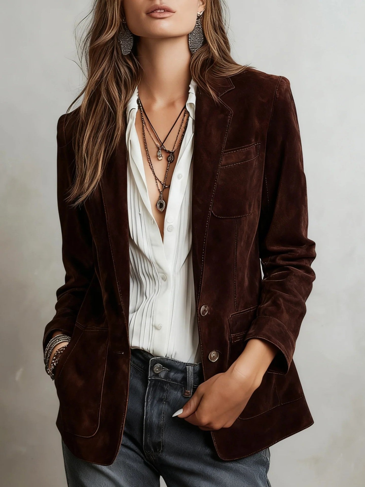 Women's Autumn Elegant Brown Suede With Pockets Coats