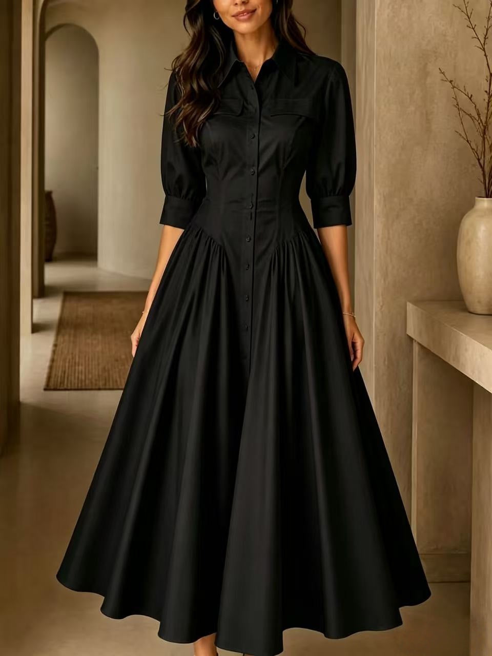 Linen Blended Breasted High Waist Pure Color Dress