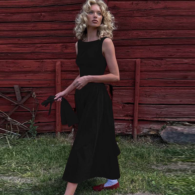 Women's Fashion Temperament Pure Color Sleeveless Waist Slim Dresses
