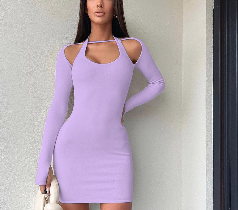 Women's Solid Color Sexy Long-sleeved Halter Sheath Dress
