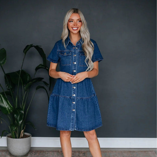 Women's Summer Short-sleeved Lapel Casual Denim Dress Dresses
