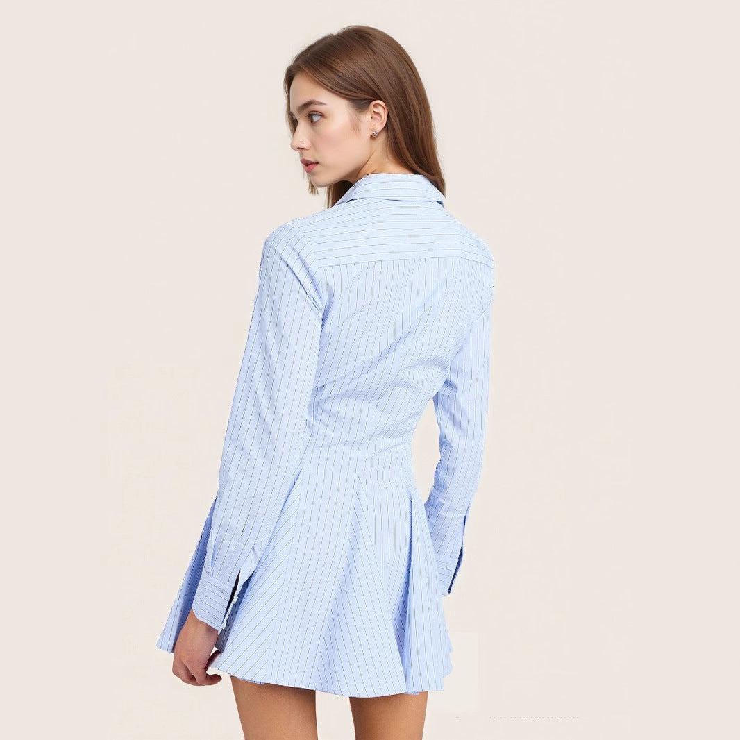 Design Three-quarter Sleeve With Pleated Breathable Stripes Dresses