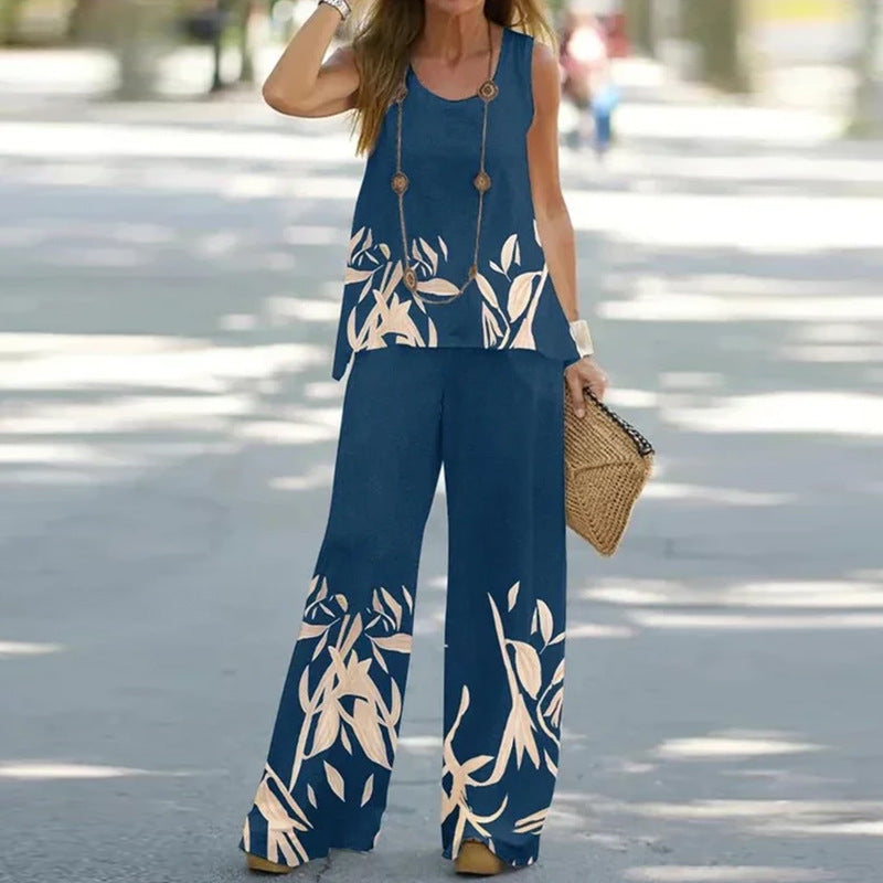 Women's Summer Printed Sleeveless Elastic High Waist Fashion Casual Suit