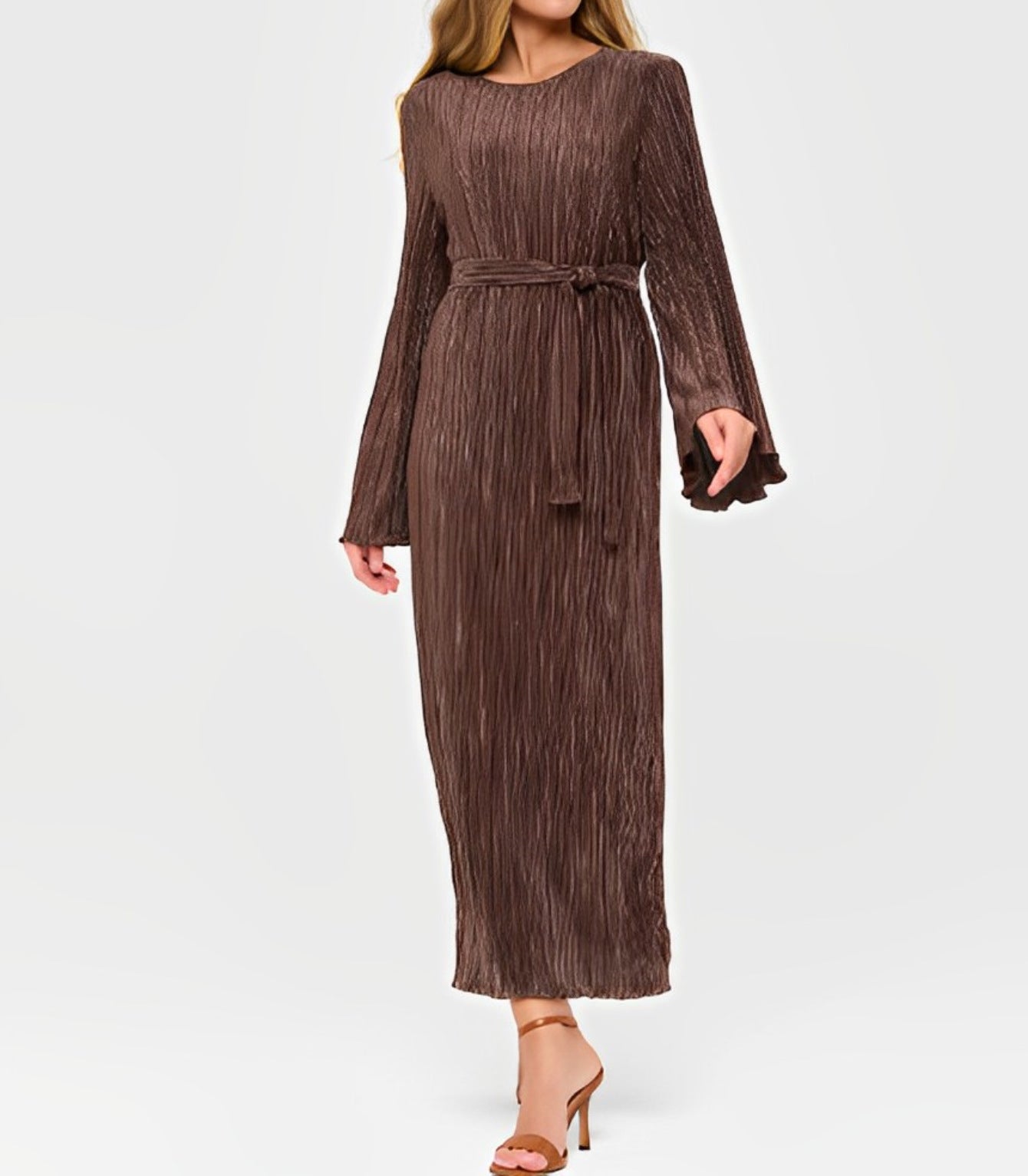Women's Pleated Bell Sleeve Crew Neck Casual Holiday Idle Dress