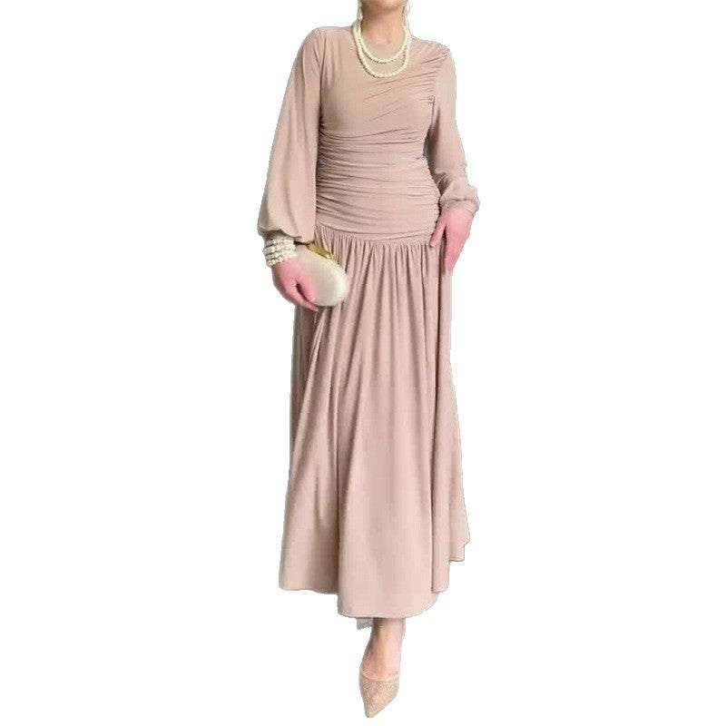 Women's Pleated Waist Tight Long Sleeve Round Dresses