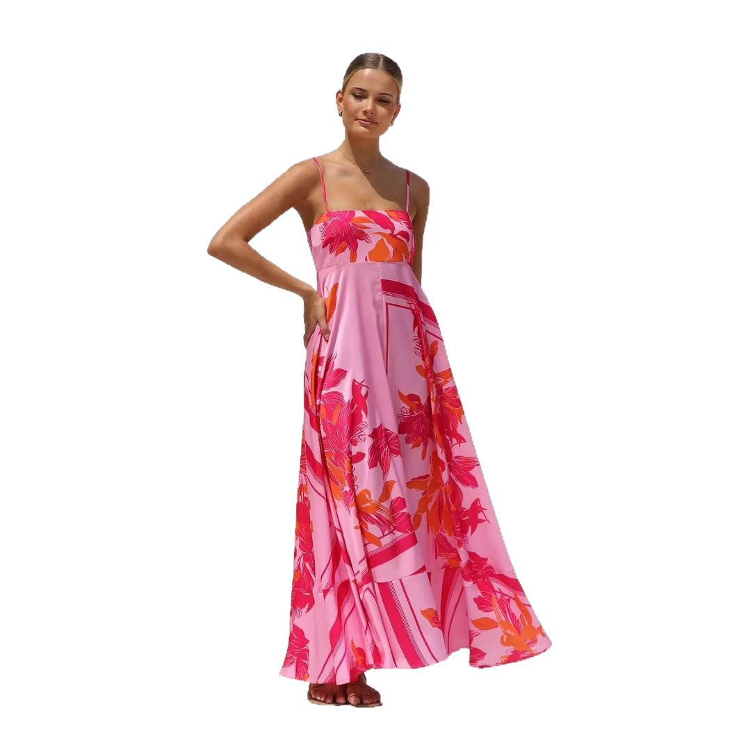 Women's Fashion Printed Backless Sexy Suspenders Large Swing High Dress
