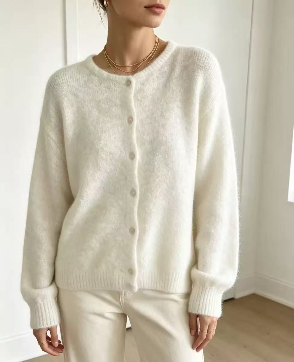 Women's Single-breasted Round Neck Soft Solid Color Furry Women's Sweater