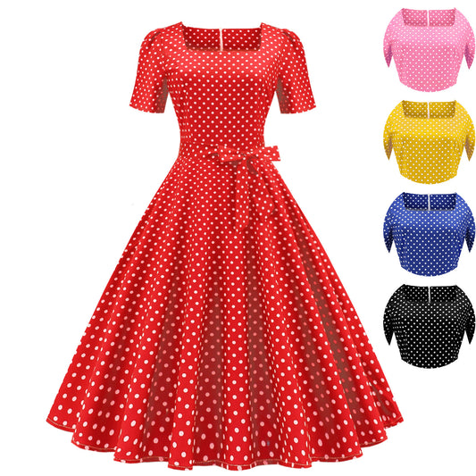 Women's Temperament Square Collar Sleeve Polka Dot Dresses