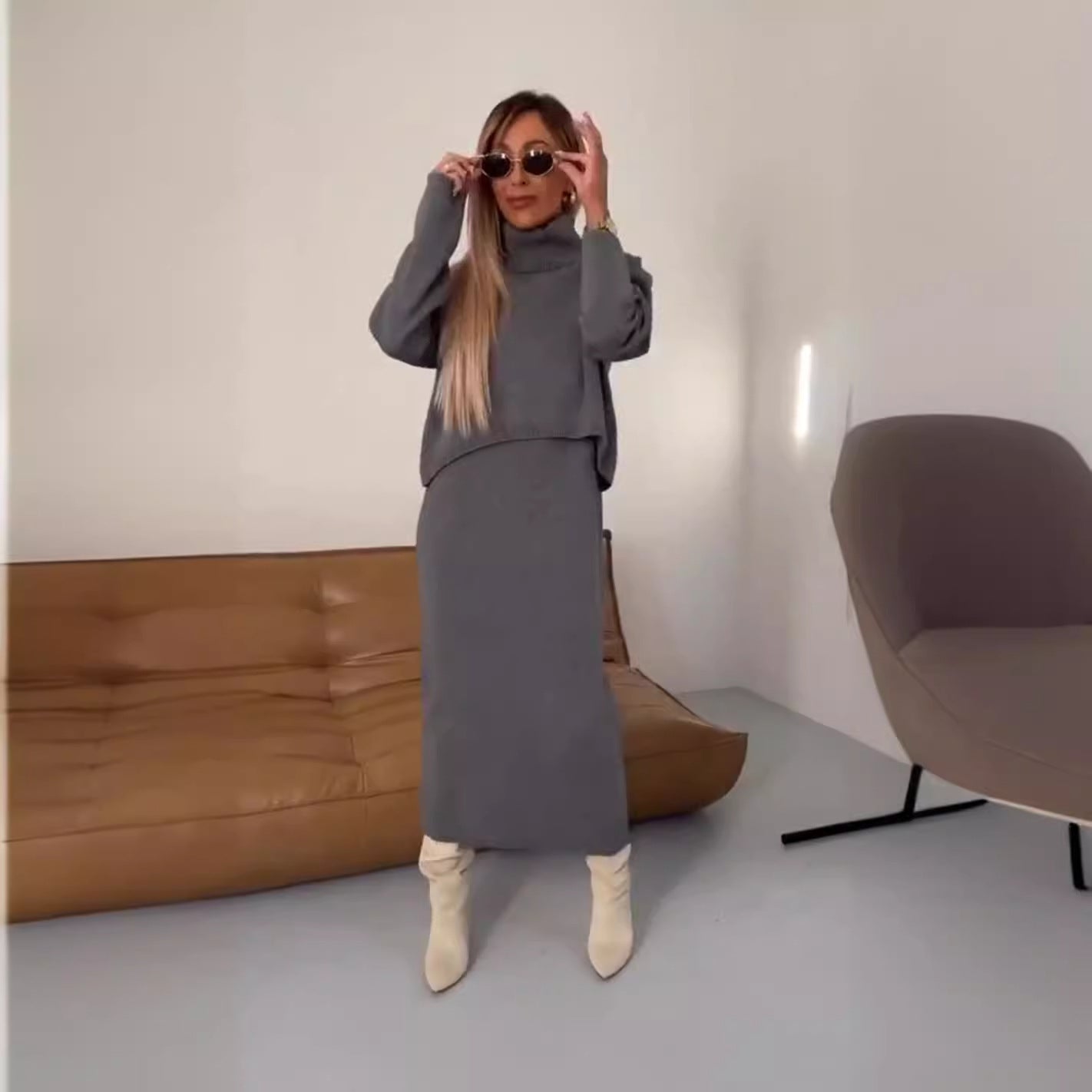 Dress Turtleneck Long Two-piece Solid Color Dresses