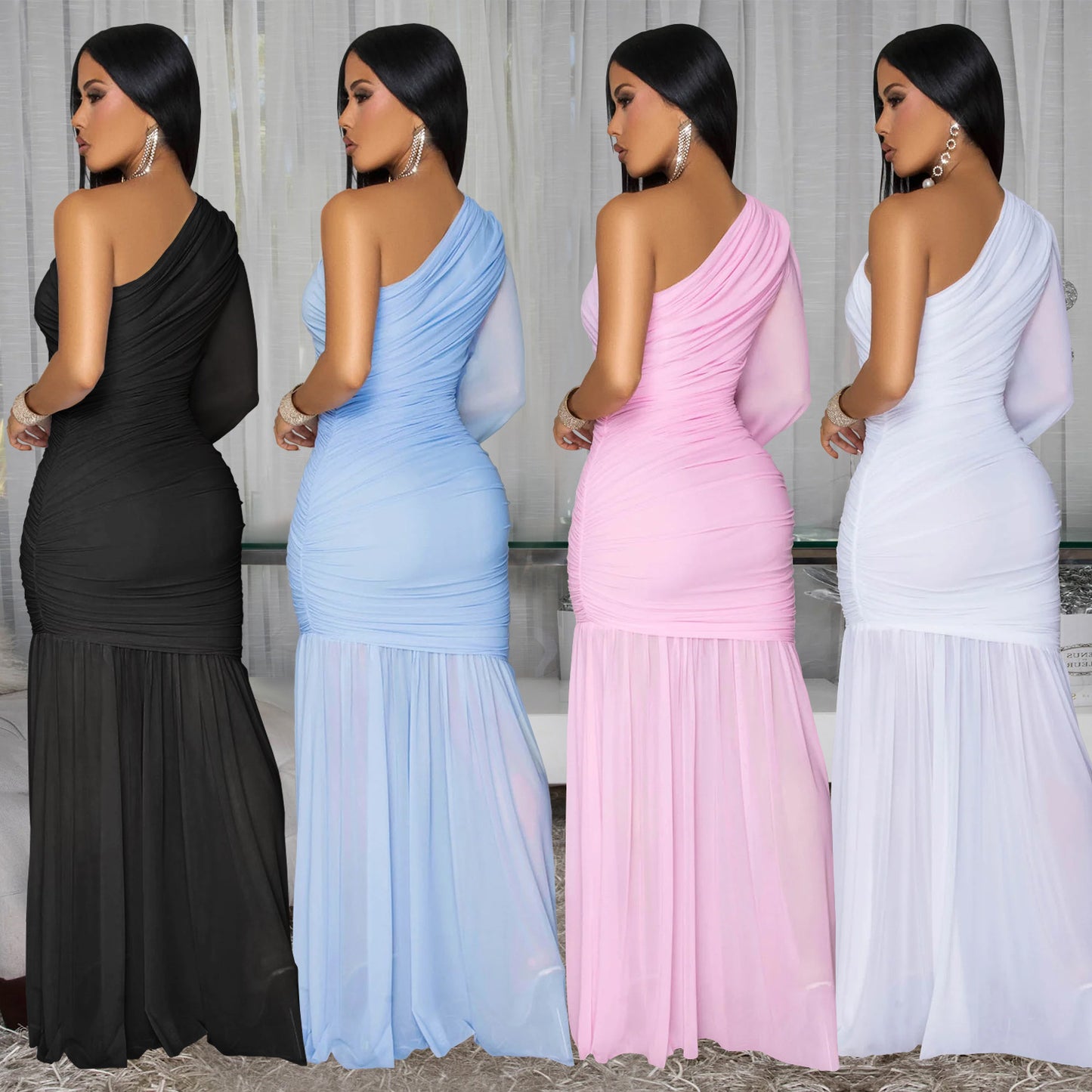 Women's Wear Sexy Oblique Shoulder Mesh High-grade Dresses