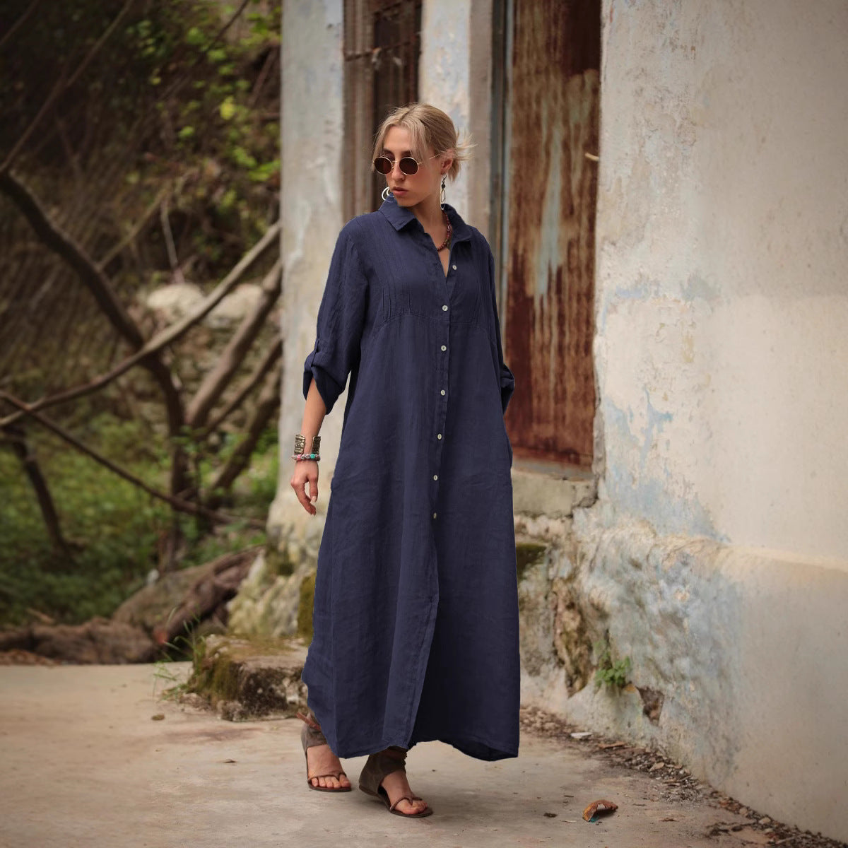 Solid Color Stand Collar Long Sleeve Dress